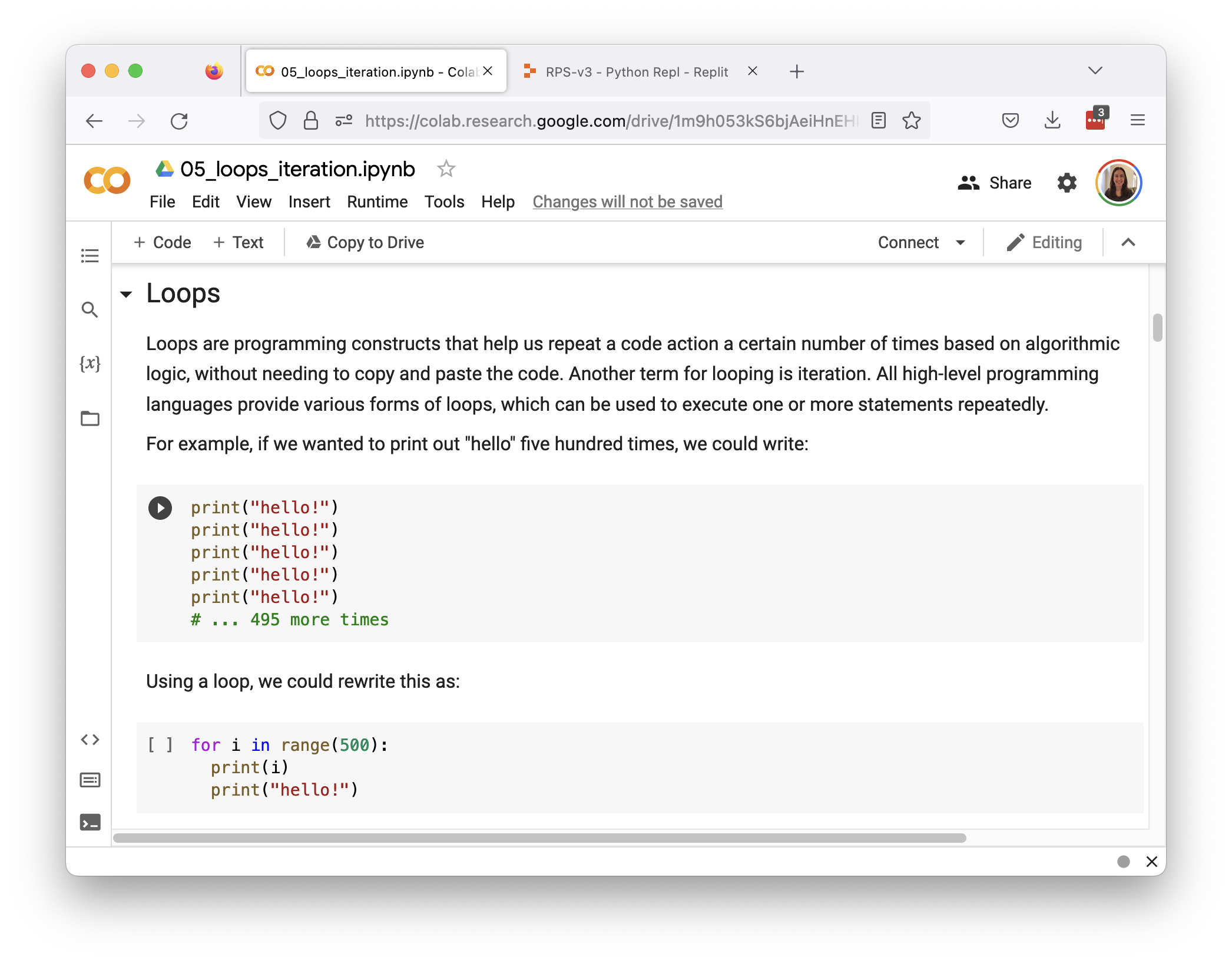 colab notebook on loops